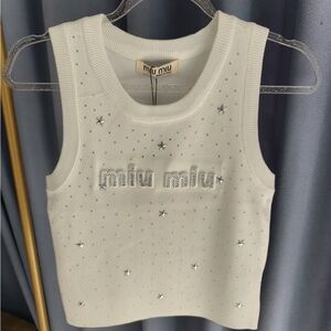 Miu Miu Crystal Tank Top White Sparkle Sleeveless
